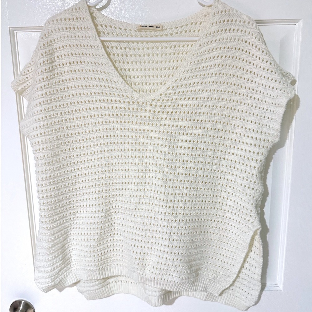 Marine Layer White Pointelle Knit V-Neck Sweater Vest XS/S Oversized Cotton